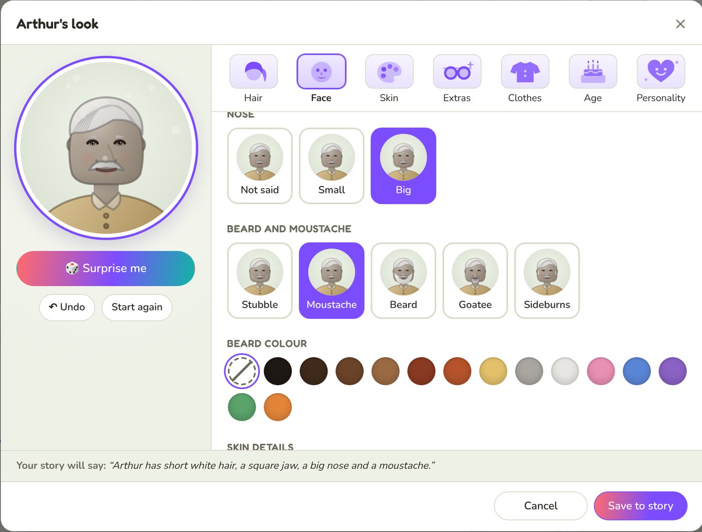 The Face tab, with a big nose and a moustache chosen for Arthur, and the beard colour swatches below
