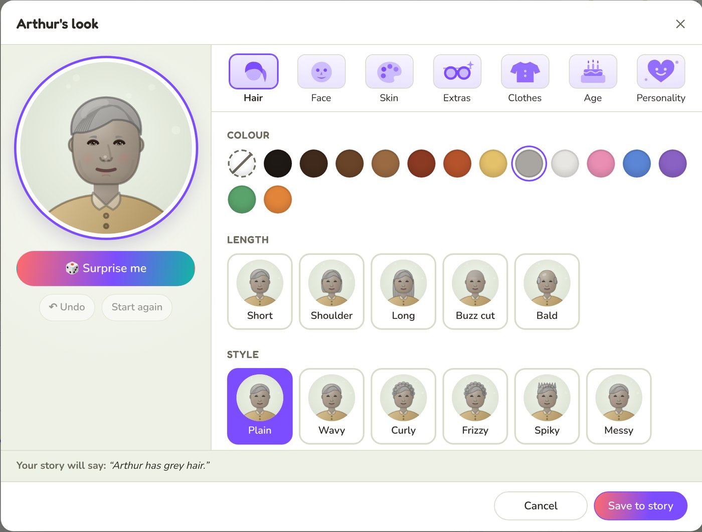 The character creator open on Arthur, on the Hair tab: colour swatches, lengths from short to bald, and styles from plain to messy, each shown on Arthur's face