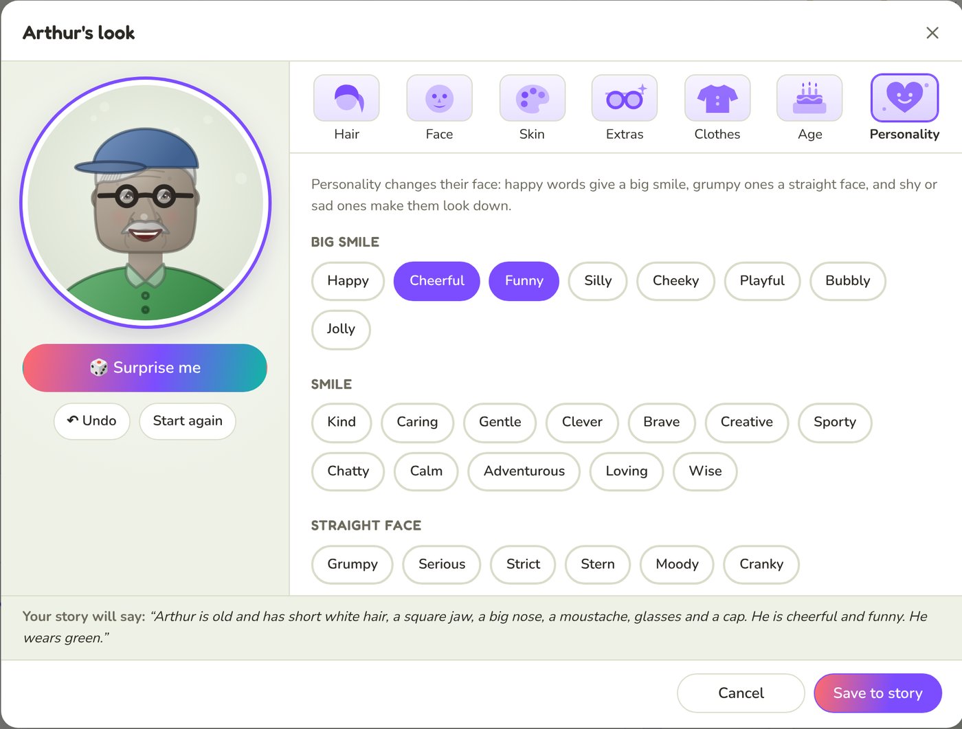The Personality tab with Cheerful and Funny chosen. Arthur's portrait has a big smile, a blue cap, round glasses and a green top