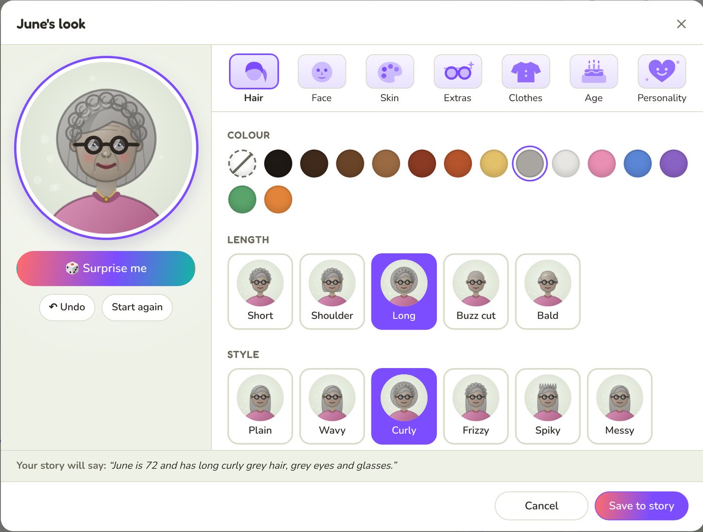 Nan June after pressing Surprise me: long curly grey hair, grey eyes, round glasses and a pink top