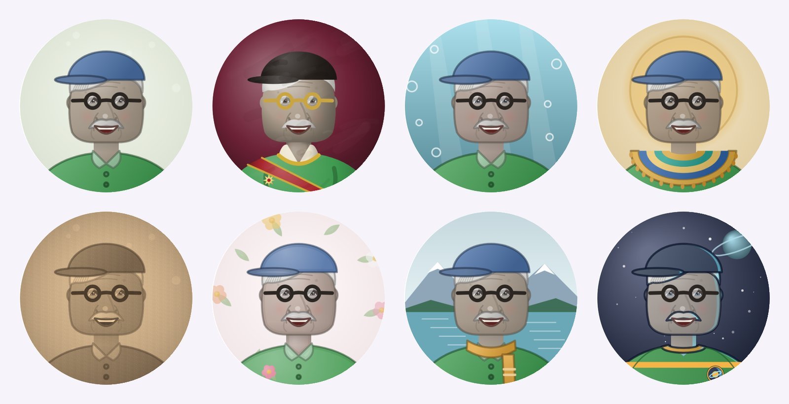 Arthur's portrait in eight designs: Storybook, Royal, Water, Ancient, Vintage, Flowers, Mountain and Space Crew, with his cap, glasses, moustache and green top in each