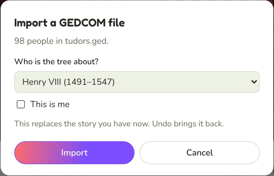 The Import a GEDCOM file window: 98 people in tudors.ged, with Henry VIII chosen as who the tree is about, and a This is me tick box