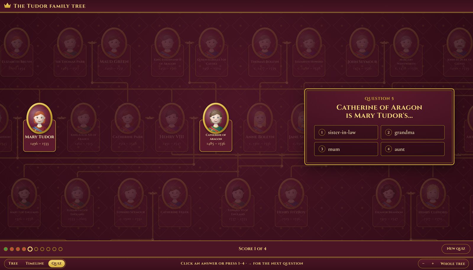 A quiz question made from the Tudor family tree: Catherine of Aragon is Mary Tudor's what?