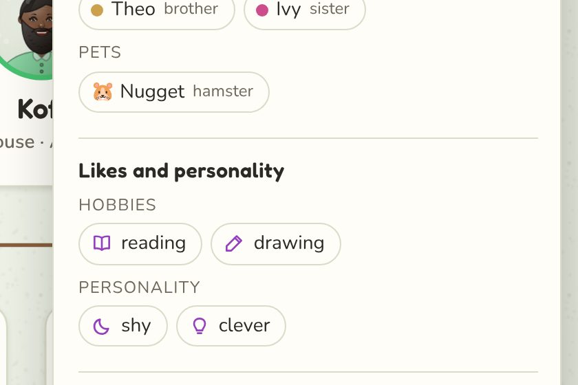 Juno's hobbies and personality: reading, drawing, shy, clever